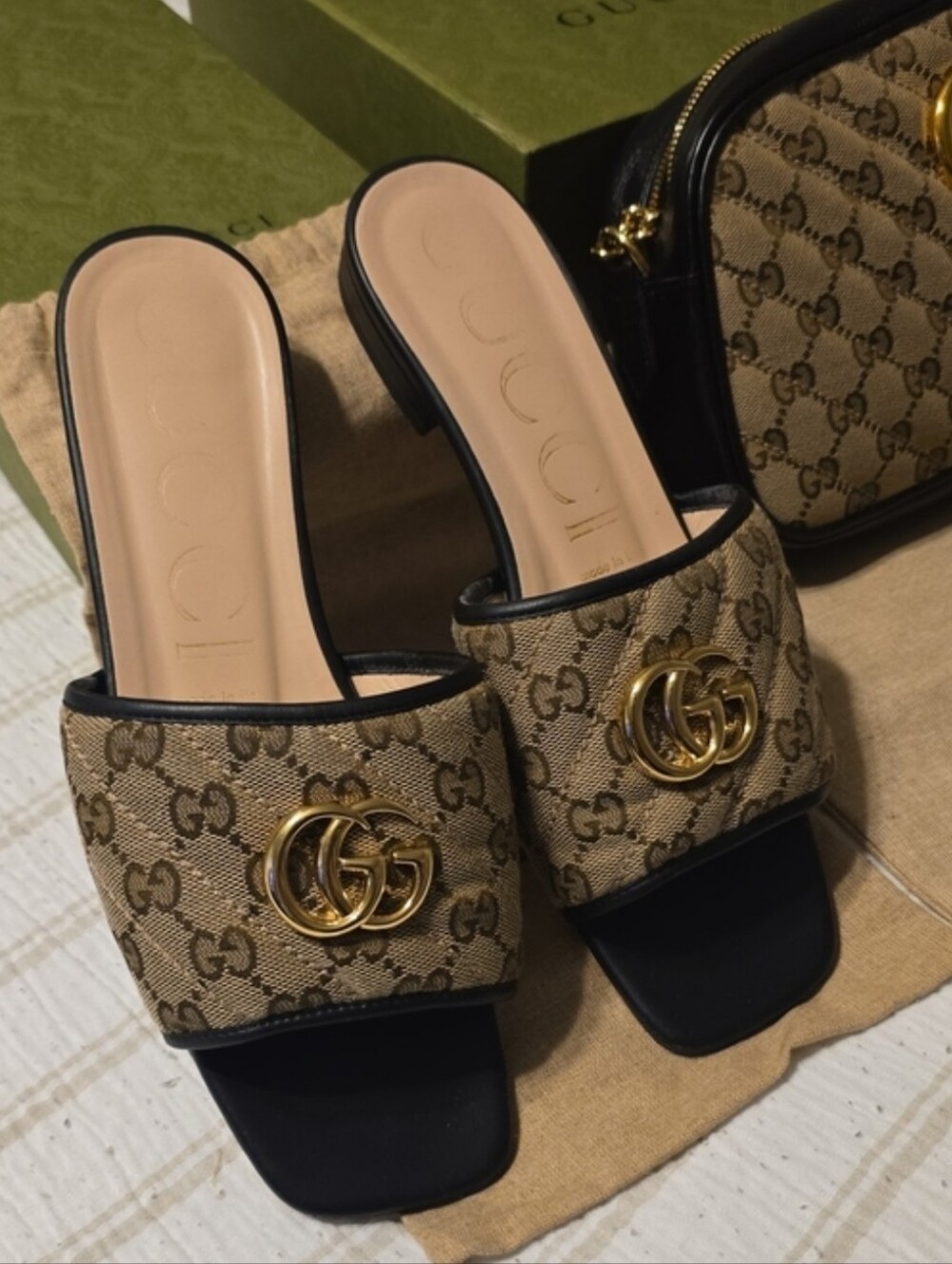 Gucci Monogram Slide Mules with Gold Double G